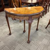 Antique Queen Anne burr walnut demi-lune card table, carved ball &amp; feet