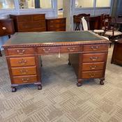 19th century mahogany pedestal writing desk with green leather top image