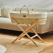 Organic Cable Knit Moses Basket, Mattress &amp; Natural Foldable Stand Set