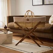 Organic Cable Knit Moses Basket, Mattress &amp; Walnut Foldable Stand Set