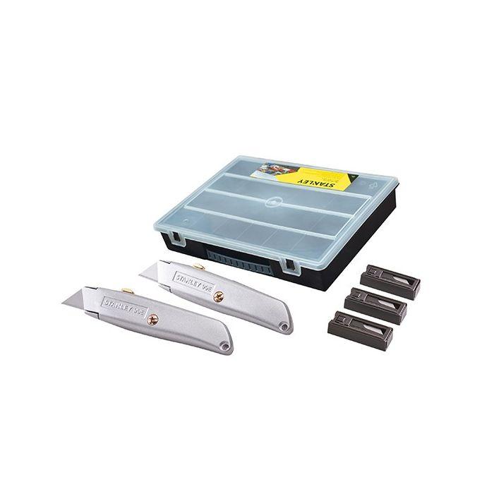 Stanley Trimming Knife Twin Pack with 50 Spare Blades, Die-cast metal body, Comfortable Grip, Organiser Included