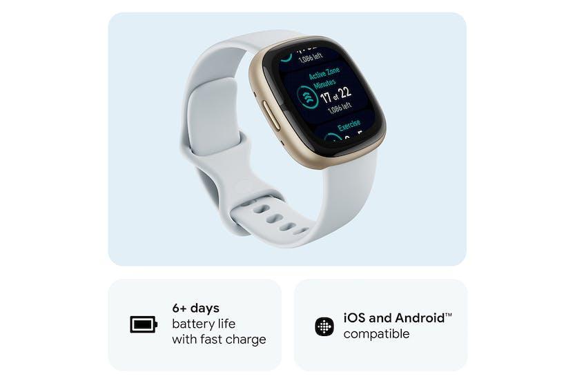 Fitbit Sense 2 Smartwatch | Blue Mist & Soft Gold | Heart Rate, GPS, Sleep | White Band, Gold Bezel, Digital Display