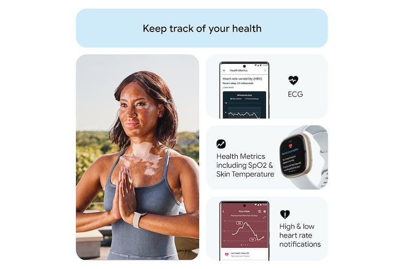 Fitbit Sense 2 Smartwatch | Blue Mist & Soft Gold | Heart Rate, GPS, Sleep | White Band, Gold Bezel, Digital Display