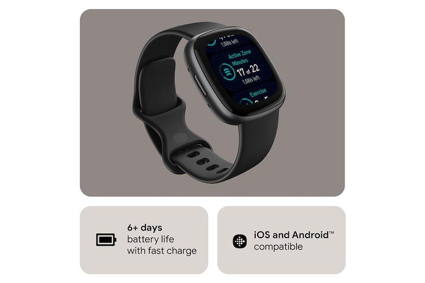 Fitbit Versa 4 Smartwatch Black & Graphite, Heart Rate Tracking, GPS, 6+ Day Battery, Black Watch, Black Band, Touchscreen