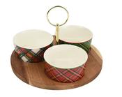 Christmas Tartan Tapas Set – 3 Bowls with Wooden Tray image