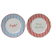 Porcelain Christmas Breakfast Plate – Striped Rim &amp; Text (2 Assorted)