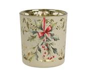 Glass Tealight Holder – Cream with Holly Berry Christmas Design D.7.3cm x H.8cm image