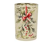 Glass Tealight Holder – Cream with Holly Berry Christmas Design D.10cm x H.12.5cm image
