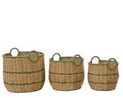 Large Round Rosemary Green Striped Seagrass Storage Basket D.35cm x H.33cm image