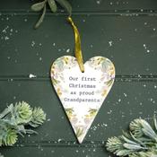 Our First Christmas As Grandparents Gold Ceramic Heart Hanger 9x14cm image
