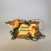 Christmas Robins with blessing sign and holly 10.5x5.5cm image