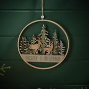 Evergreen Cut Out Woodland Stag Scene Round Wood Hanger 20x20cm image