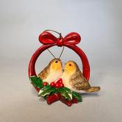 Robin Couple in Bow with Christmas Holly Tree Trim – 7.5x4x7cm image