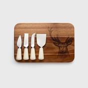 4 Piece Ceramic Cheese Set - Cream With Acacia Board Stag Print