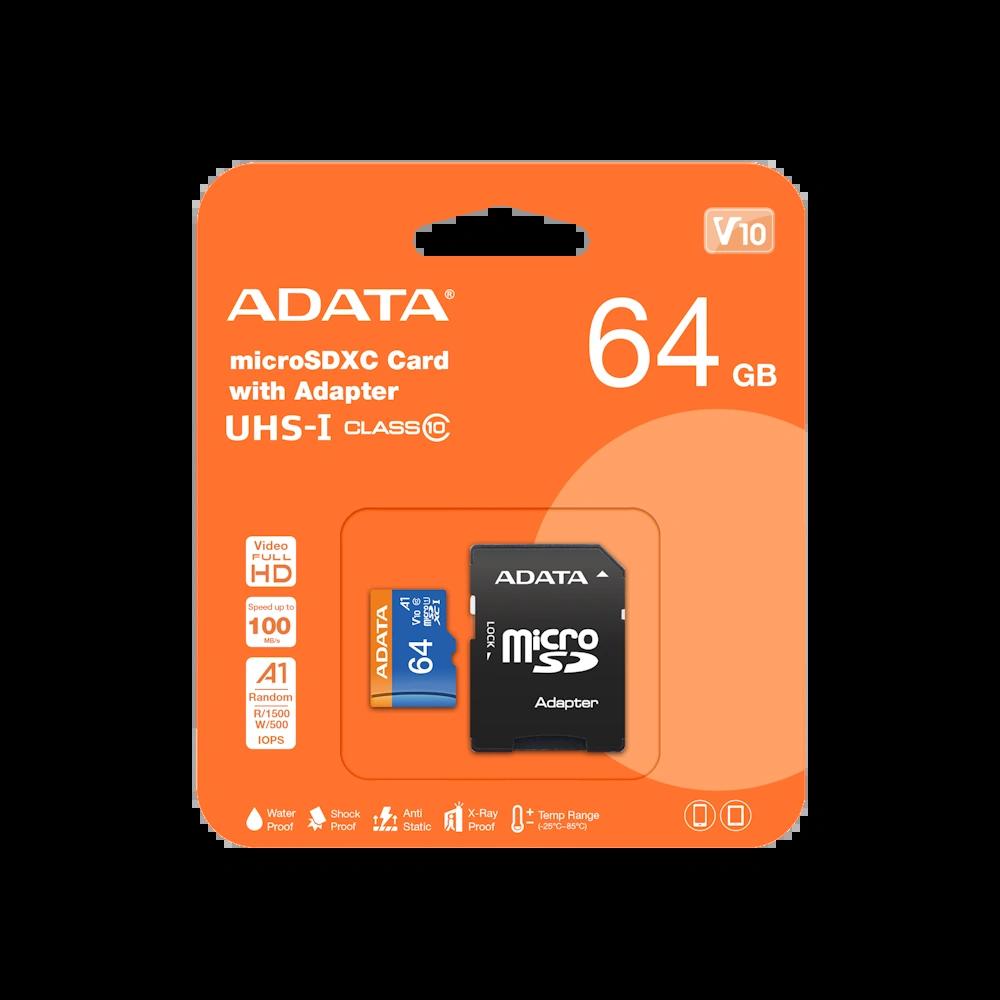ADATA 64GB microSDXC Card with Adapter UHS-I Class 10 V10 A1 100MB/s Read Speed Water Shock Anti Static X-Ray Proof Temp Range