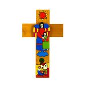'Girl With Guardian Angel' Hand Painted Wooden Cross