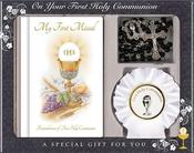 First Communion Gift Set With White Rosette and Black Rosary Beads