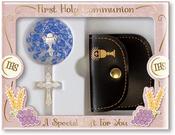 First Communion Gift Set With Blue Rosary Beads and Pouch