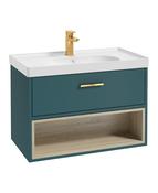 SONAS Malmo 80cm Wall Hung Vanity Unit with Matt Basin Ocean Blue Matt- Brushed Gold Hardware image