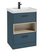 SONAS MALMO 60cm Two Drawer Matt Ocean Blue Floor Standing Vanity Unit Matt Basin- Matt Black Handle image