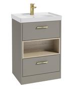 SONAS MALMO 60cm Two Drawer Matt Khaki Floor Standing Vanity Unit Matt Basin- Brushed Gold Handle image