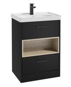 SONAS MALMO 60cm Two Drawer Matt Black Floor Standing Vanity Unit Matt Basin- Matt Black Handle image