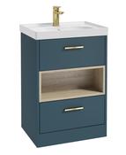 SONAS MALMO 60cm Two Drawer Matt Ocean Blue Floor Standing Vanity Unit Matt Basin- Brushed Gold Handle image