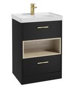 SONAS MALMO 60cm Two Drawer Matt Black Floor Standing Vanity Unit Matt Basin- Brushed Gold Handle image