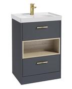 SONAS MALMO 60cm Two Drawer Matt Night Sky Blue Floor Standing Vanity Unit Matt Basin- Brushed Gold Handle image