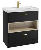 SONAS MALMO 80cm Two Drawer Matt Black Floor Standing Vanity Unit Matt Basin - Brushed Gold Handle image
