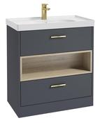 SONAS MALMO 80cm Two Drawer Matt Night Sky Blue Floor Standing Vanity Unit Matt Basin - Brushed Gold Handle image