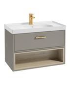 SONAS Malmo 80cm Wall Hung Vanity Unit with Matt Basin Khaki Matt - Brushed Gold Hardware image