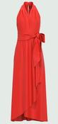 Midi halter neck dress featuring a darted waist. Sleeveless model with a crossover V-neckline. Concealed zip and button-embellished keyhole back fastening. Lined. High-low hem skirt with crossover detail on the front. Matching belt. image