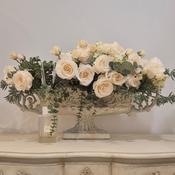 Cream Rose &amp; Eucalyptus Faux Floral Arrangement in Large Ornate Planter image