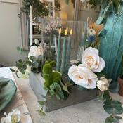 Concrete Hurricane Lantern with Rose Lamp; Eucalyptus Wreath and Candle Set image
