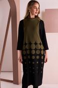 Naya Spot Border Print High Neck Dress with Contrast Sleeve in Black and Avocado image