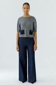 OUI Short Sleeve Round Neck Jumper with Denim Front Pockets in Grey