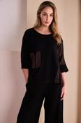 Naya Round Neck Top with Print Sections and Front Pocket in Black/Brown