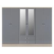 Nevada 6 Door 2 Drawer Mirrored Wardrobe 2.3m - Grey Gloss/Light Oak image