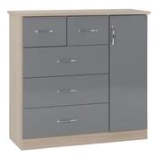 Nevada 5 Drawer Low Wardrobe 1.1m - Grey Gloss/Light Oak Effect image