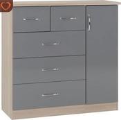 Nevada 5 Drawer Low Wardrobe 1.1m - Grey Gloss/Light Oak Effect