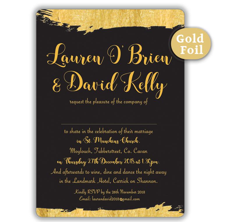 Brush Stroke Gold Foil Wedding Invitation_Black sample in Kilkenny