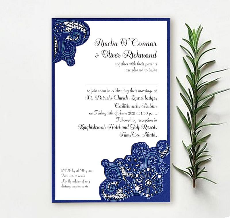 Royal Blue Laser Cut Wedding Invitation sample in Kilkenny GetLocal