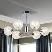 Modern Polished Chrome Ceiling Light Fixture With Six Spherical Glass Bulbs Arranged In A Radial Pattern Around A Central Metal Hub. Each Bulb Contains Intricate Wire Inside, Giving Them A Decorative Appearance. The Fixture Is Mounted On The Ceiling