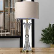 Elegant Glass Table Lamp With Antique Brass Base And Oatmeal Shade image