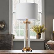 Matt Brass &amp; Glass Column Table Lamp C/W Beige Shade image