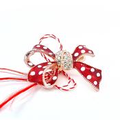Large Polka Dot Red &amp; Gold Bow Martisor Brooch