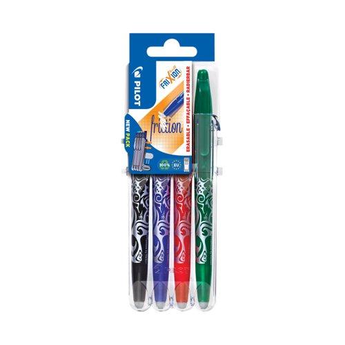 Pilot FriXion Erasable Rollerball Pens Assorted 4 Pack Black Blue Red Green with Ergonomic Grip and Recycled Material
