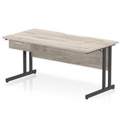 Impulse 1600 x 800mm Scalloped Edge Straight Office Desk Grey Oak Top Black Cantilever Leg Workstation 1 x 1 Drawer Fixed Pedestal