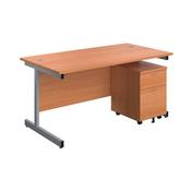First Single Desk with 3 Drawers Pedestal 1600x800mm Beech/Silver KF803584